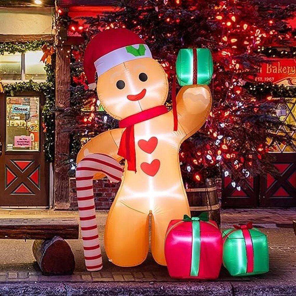 NEW  8FT Inflatable Gingerbread Man with Candy Cane and Three Gift Boxes - Picture 8 of 9
